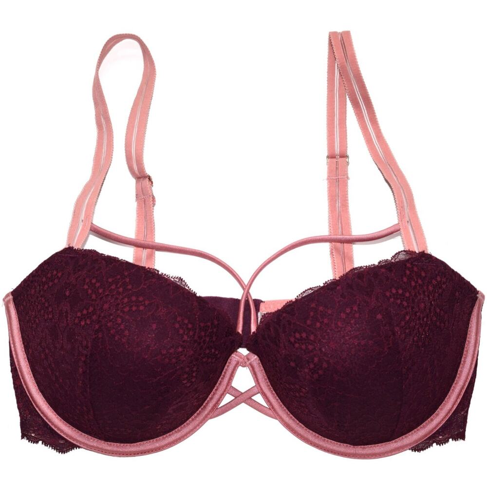 PINK Victoria's Secret Date Push Up Bra Lace Strappy Adjustable Red Pink 32B